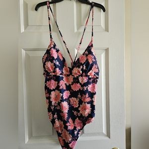 OLD NAVY One-Piece Summer Vacation Swimsuit Navy Blue w Flower Print